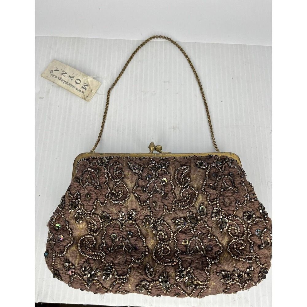 Moyna Brown Beaded Purse New With Tags Satin Lining Pristine Condition VTG